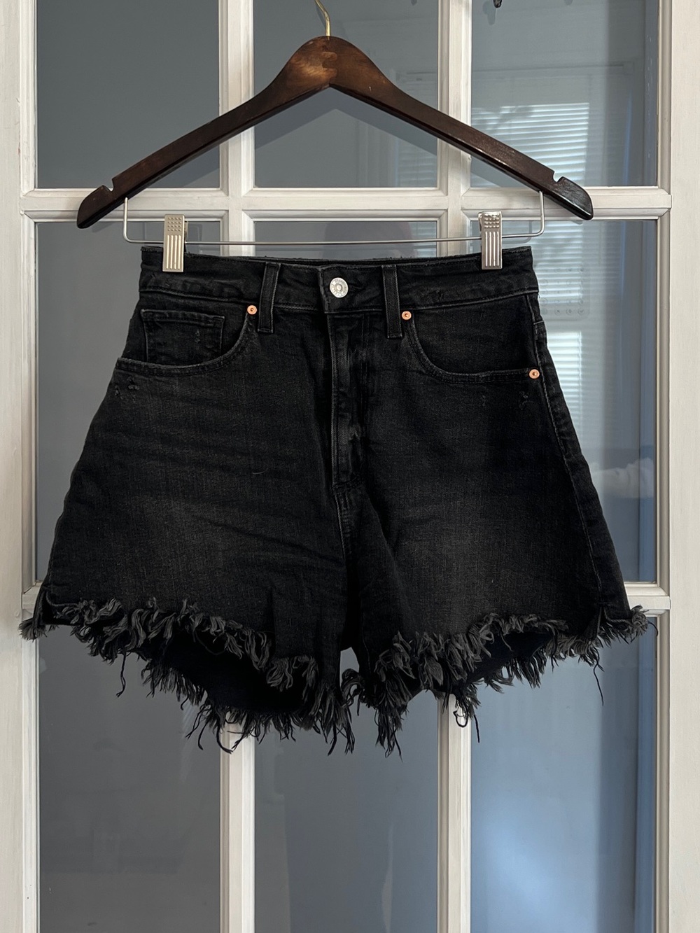 PAIGE Women’s Allure High Rise Black Distressed Denim Shorts Raw Hem Size 25